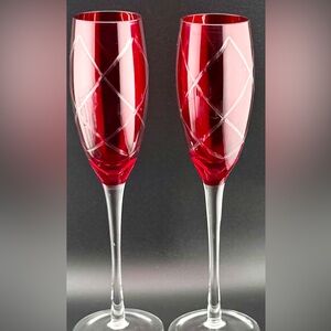2 Pier 1 Tartan Red Ruby Diamond etched champagne flutes. 7oz